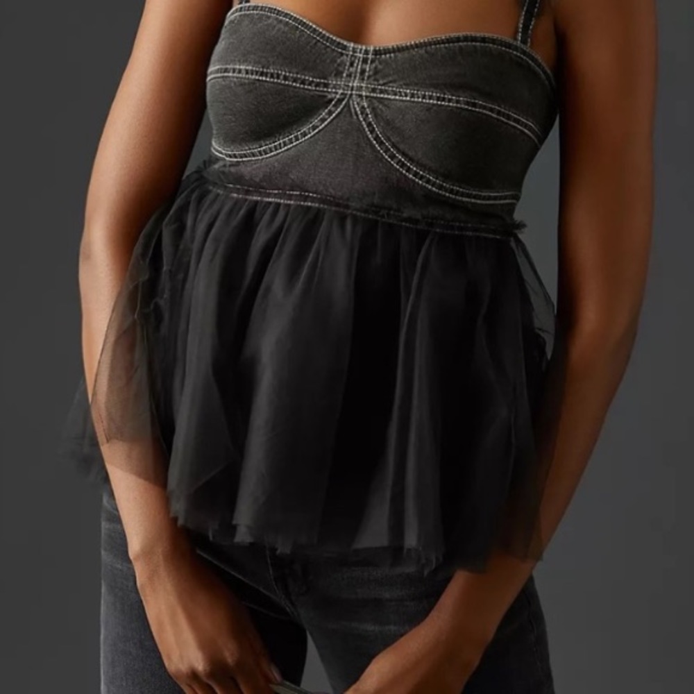 Anthropologie Pilcro NWT Black Denim & Tulle Babydoll Top! As-is no straps